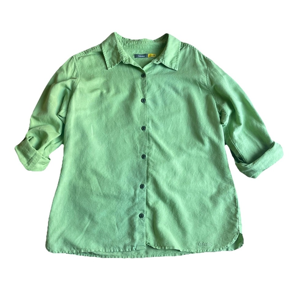 Cabela's Women's Linen Blend Button Up Shirt Medium Lime‎ Green Roll Sleeve
